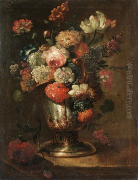 Still Life With Roses, Carnations, Narcissi And Various Other Flowers Together In An Urn On A Stone Ledge Oil Painting by Benito Espinos