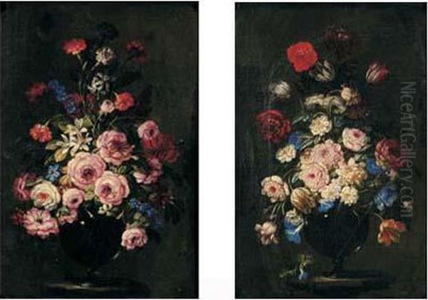 Bouquets De Fleurs Sur Un Entablement Oil Painting by Benito Espinos