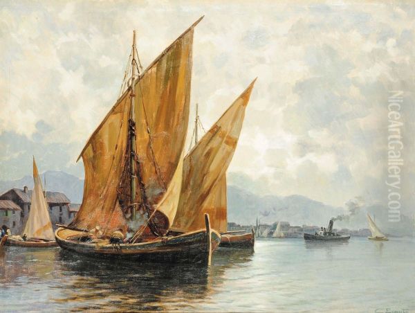 Barche E Pescatori In Porto Oil Painting by Cesare Esposito