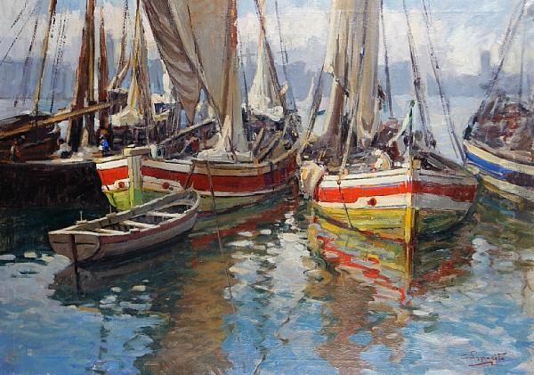 Moored Fishing Boats Oil Painting by Gaetano Esposito