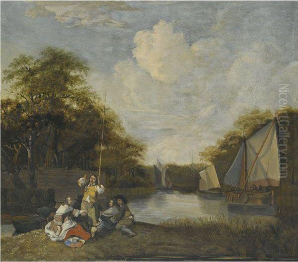 River Landscape With Party Fishing Oil Painting by Jacob Esselens