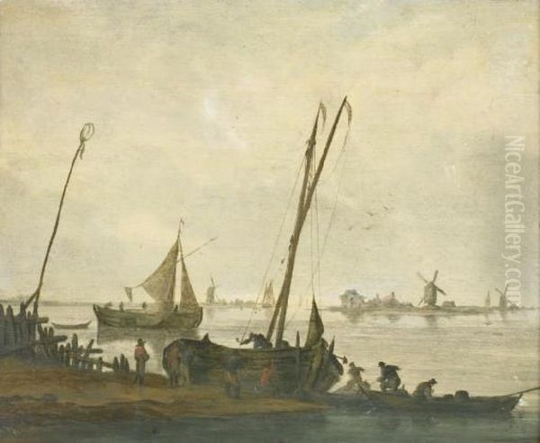 Fishermen Mooring Their Boats On The Bank Of A River, A Sailing Boat And A River Bank With Windmills Beyond Oil Painting by Jacob Esselens