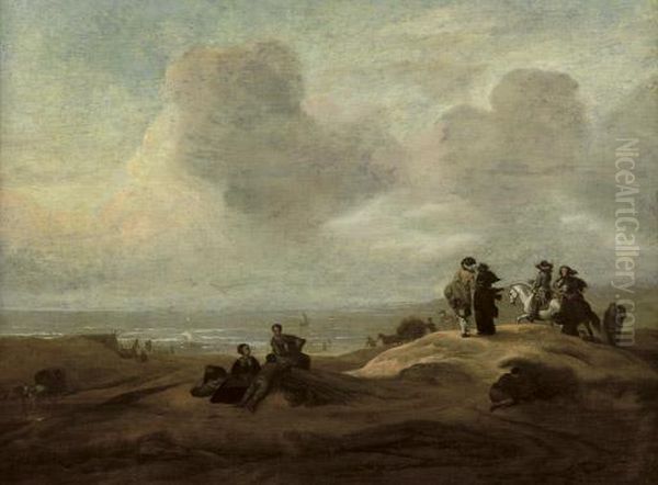 Elegant Figures In A Dune Landscape With The Ocean Beyond Oil Painting by Jacob Esselens