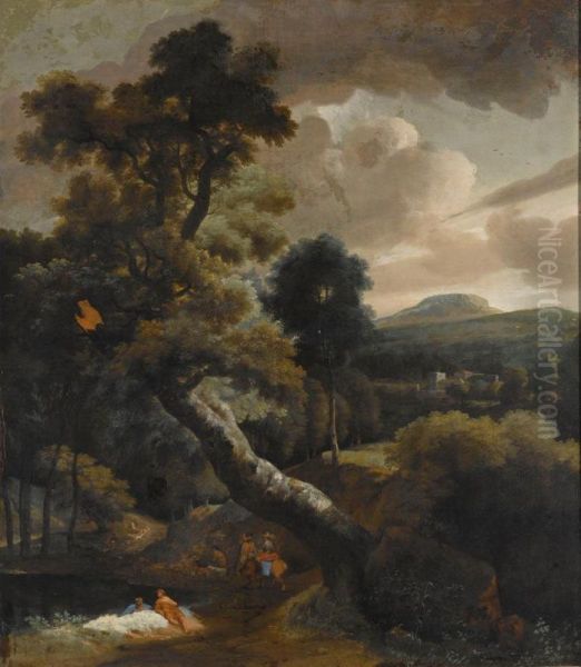 Other Properties
 

 
 
 

 
 A Wooded Hilly Landscape With Figures Resting Near A Stream, Horsemen On A Path Nearby, A View Of A Town Beyond Oil Painting by Jacob Esselens