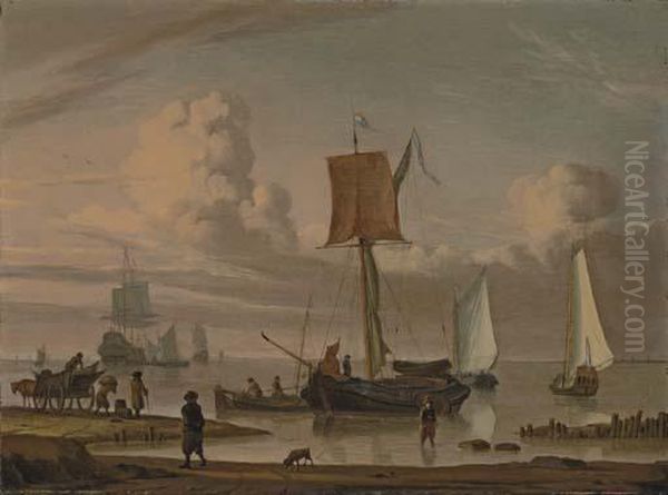 Dutch Shipping By A Shore With Figures Unloading A Wagon Oil Painting by Jacob Esselens