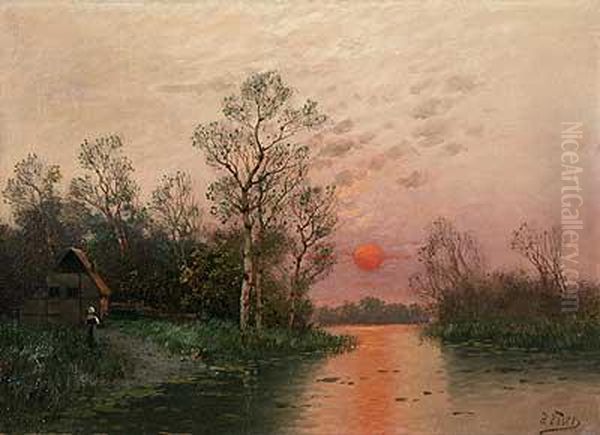 Abendstimmunguber Flusslauf Im Fruhling Oil Painting by Theodor Esser