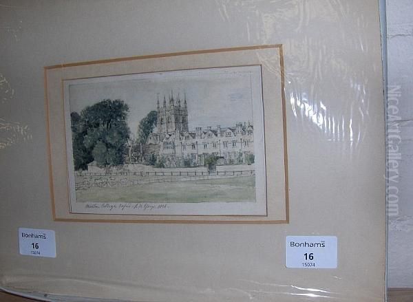 Merton College, Oxford, , Dated 1826 And Inscribed Oil Painting by Richard Hamilton Essex