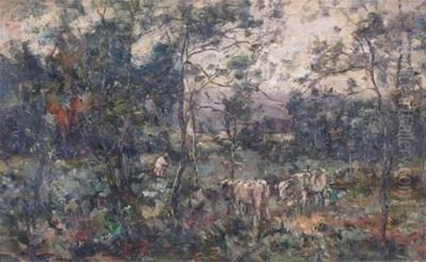 Cattle In A Wooded Landscape Oil Painting by William Charles Estall