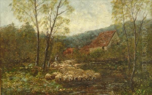 Sheep And Shepherd In A Landscape Oil Painting by William Charles Estall