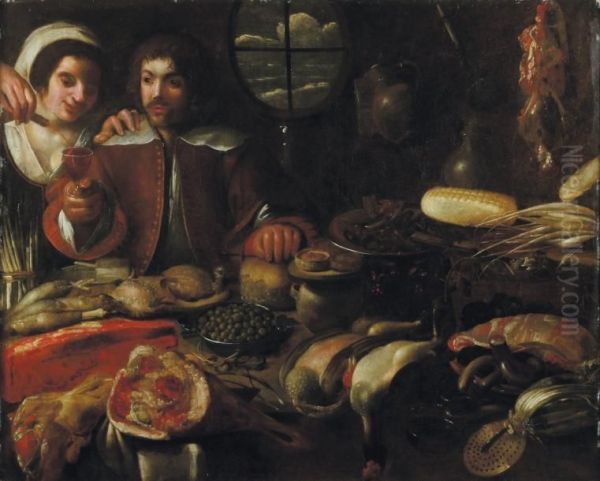 Un Couple Se Servant De Vin Dans Un Garde Manger Oil Painting by Juan Esteban