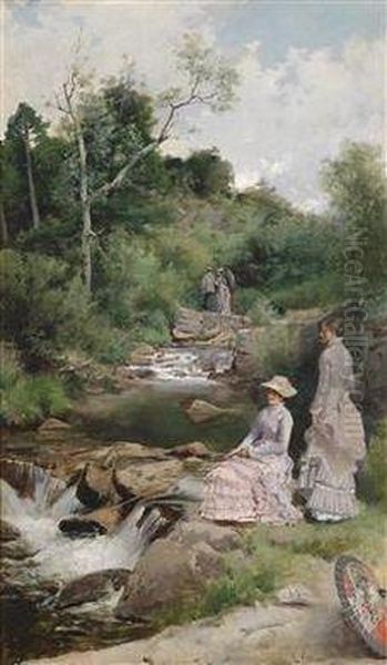 Two Anglers With Parasol By The Stream Oil Painting by Enrique Estevan Y Vicente