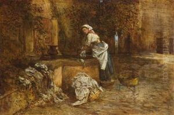 Wascherin Am Brunnen. Oil Painting by Theodor Josef Ethofer