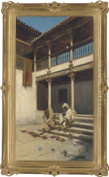 A Courtyard In The Alhambra, Granada Oil Painting by Theodor Josef Ethofer