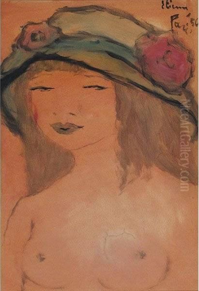 Nude With Hat Oil Painting by E. Etienne