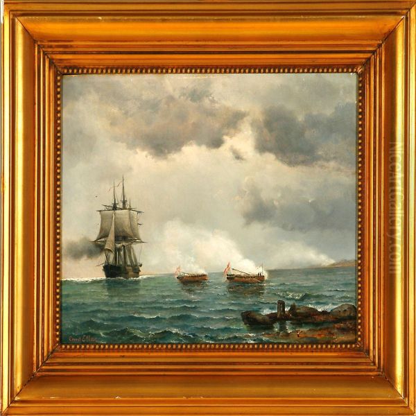 A Marine With A Ship Ofthe Line And Danish Canon Boats During The Napoleon Wars Oil Painting by Carit Etlar