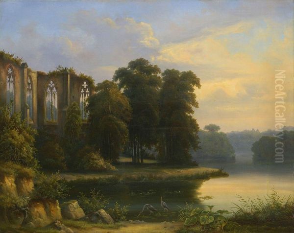 Gotische Kirchenruine In Abendlicher Flusslandschaft Oil Painting by Joseph Carl Ettinger