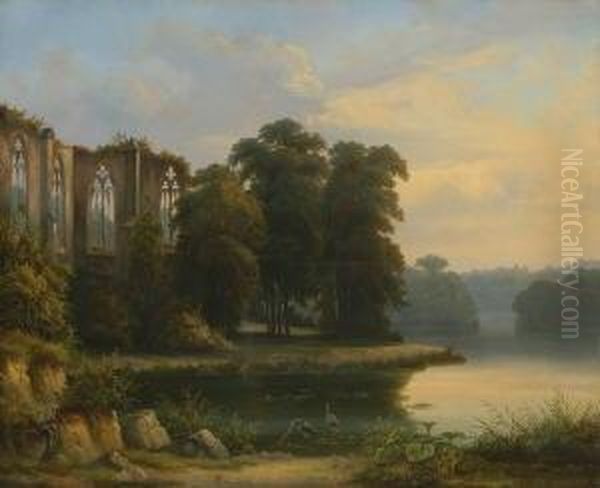 Gotische Kirchenruine In
 Abendlicher Flusslandschaft. Oil Painting by Joseph Carl Ettinger