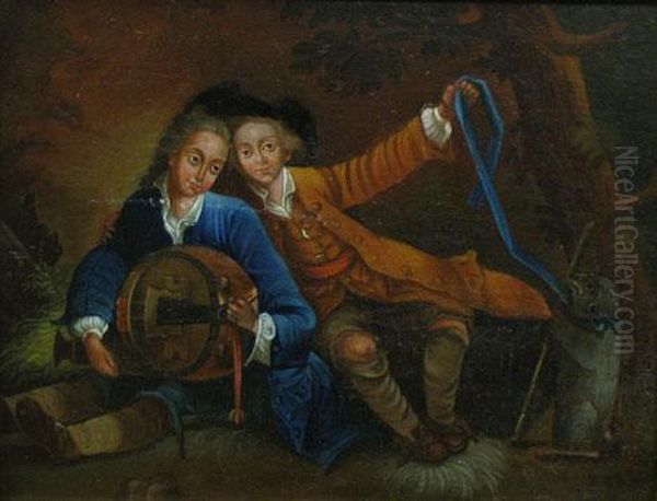 Two Boys With Hurdy-gurdy And Dog Oil Painting by Joseph Carl Ettinger