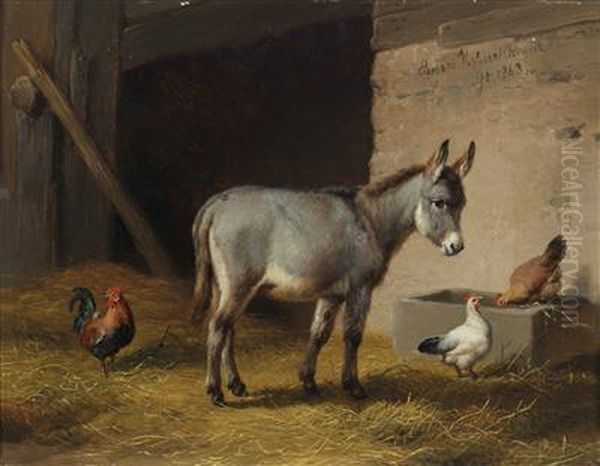 Donkey And Chicken In A Stable Oil Painting by Eugene Verboeckhoven