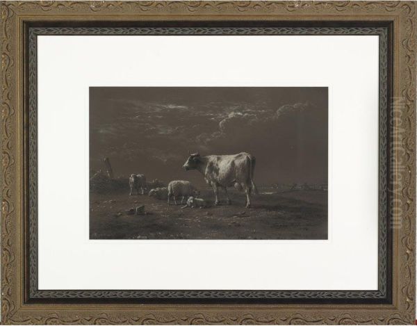 Sheep And A Cow Resting In A Landscape With Windmills In Thedistance Oil Painting by Eugene Verboeckhoven