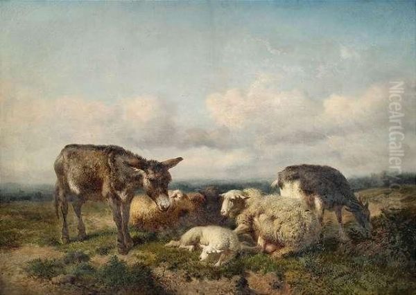 Flock Ofsheep And A Donkey In An Extensive Summery Landscape. Oil Painting by Eugene Verboeckhoven