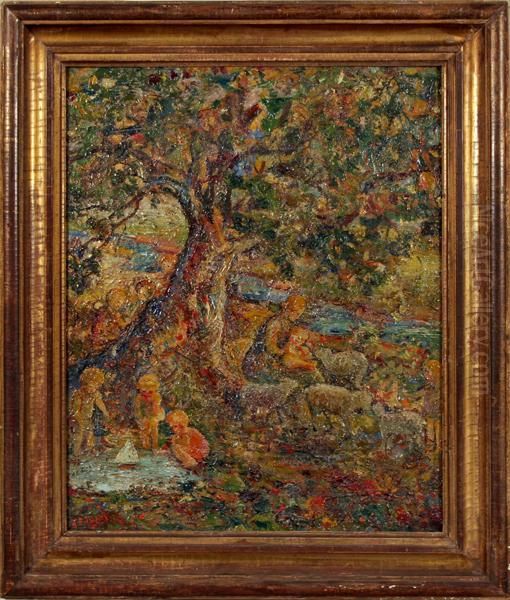 Children Playing Under Tree Oil Painting by A.E. Evans