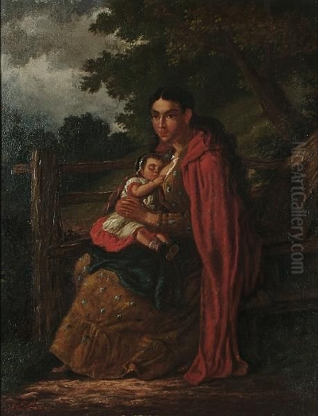 Mother And Child Seated On A Stile Oil Painting by A.E. Evans