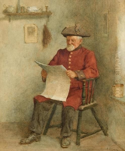 A Chelsea Pensioner Seated In Aninterior Oil Painting by Frederick Mcnamara Evans