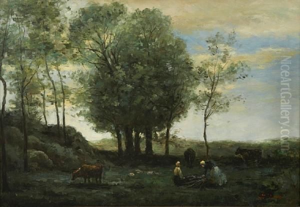 An Extensive Landscape With Figures By A Lake;also A Companion Landscape (a Pair) Oil Painting by J. Evans