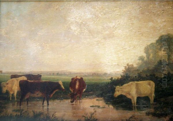 Cattle Watering At A Country Pool Oil Painting by William Evans Of Bristol