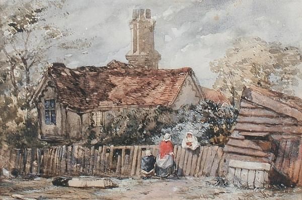 Conversation Over The Garden Gate, A Farmhouse Beyond Oil Painting by William Evans Of Bristol