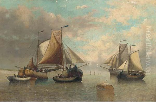 Fishing Vessels On Calm Waters Oil Painting by J.J. Everard