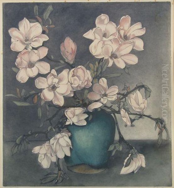 Magnolia's In Groenegemberpot. Oil Painting by Frans Everbag