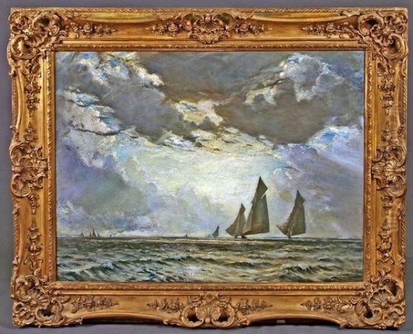 J-class Yachts Off Cowes Oil Painting by John B. Everett