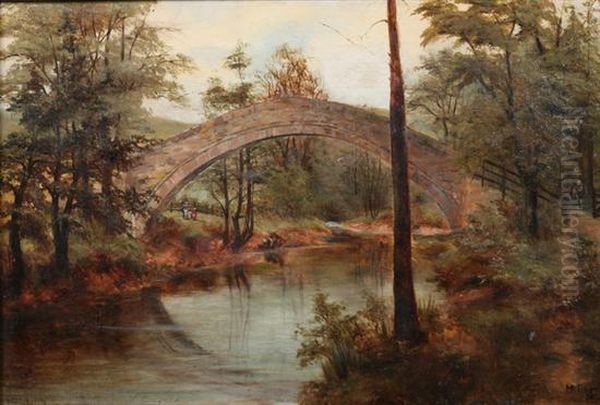 Stone Bridge Over River Oil Painting by M. Evers