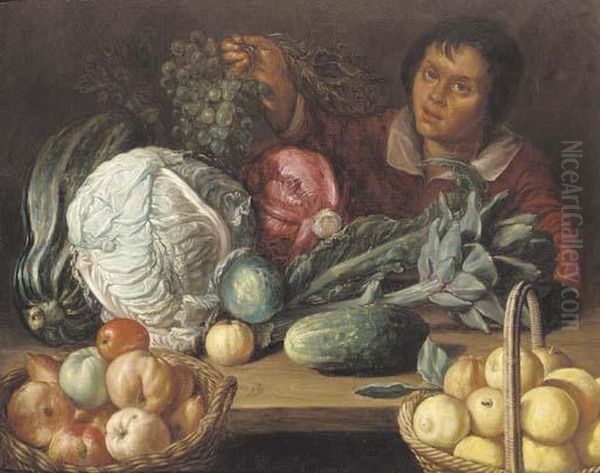 A Still Life Of Vegetables And Fruit With A Youth Holding A Bunch Of Grapes Oil Painting by Cornelis Willemsz. Eversdyck