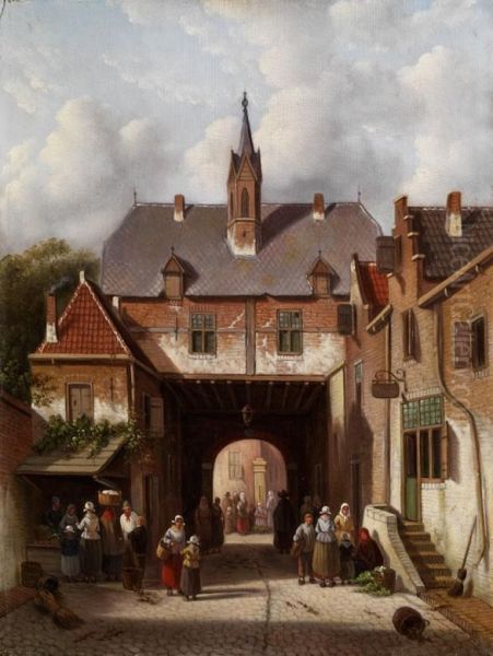 Markttreiben Unter Einem Torgebaude Oil Painting by Adrianus Eversen