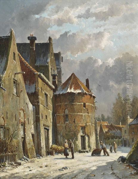 Figures On A Dutch Street, Winter Oil Painting by Adrianus Eversen