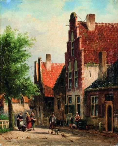 Zomers Straatbeeld Met Figuren Oil Painting by Adrianus Eversen