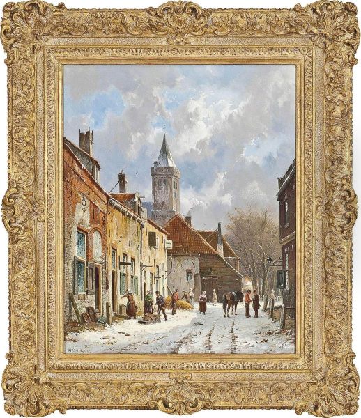 Figures On A Dutch Street In The Snow Oil Painting by Adrianus Eversen