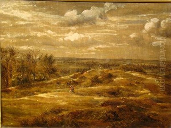 A Couple Walking Over Hampstead Heath On A Cloudy Winter's Day Oil Painting by Arthur Evershed