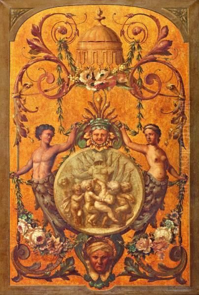 Dansende Putti Omgeven Door Klassieke Figuren En Bloemdecoratie Oil Painting by Johannes Evert Van Leeuwen