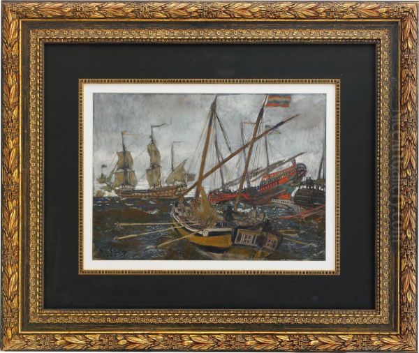 Boats During The Reign Of Peter The Great Oil Painting by Evgen'Evich Lansere Evgenii