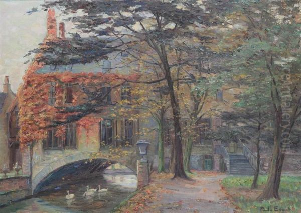 Beguinage With Canal Oil Painting by Paula Evrard