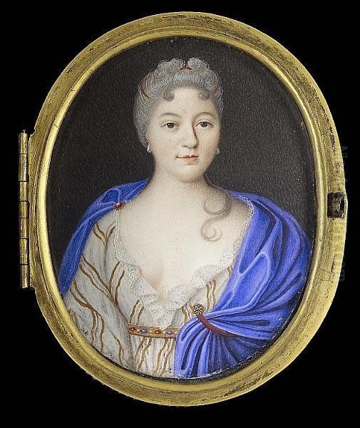 A Lady, Wearing White Dress With Gold Stripes, White Lace Underslip, Jewelled Gold Belt And Ultramarine Cloak Pinned At Her Right Shoulder With Ruby Brooch And Held At Her Left Breast With Red Ribbon Oil Painting by Perpete Evrard