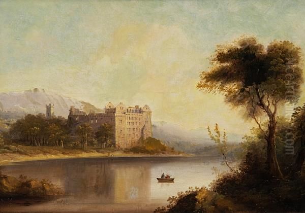 Overlooking A Lake Towards A Chateau Oil Painting by John H. Wilson