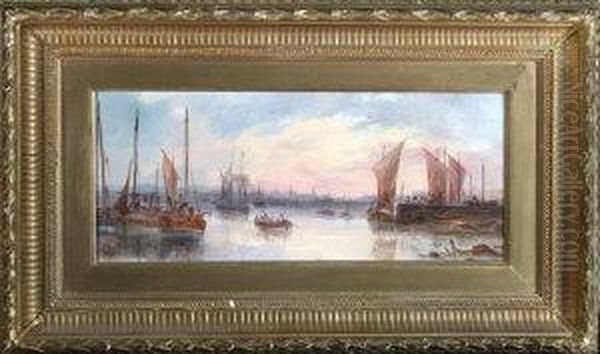 Boats In A Harbour At Sunset Oil Painting by John H. Wilson