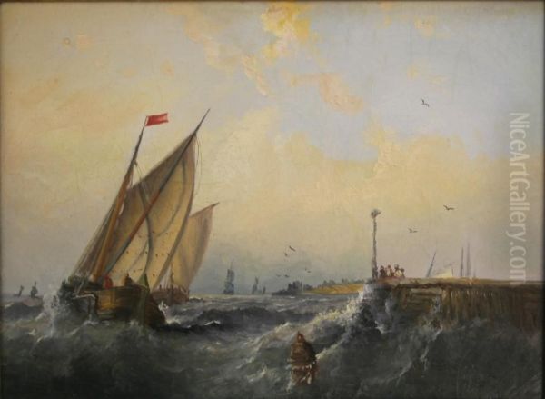 Fishing Boats In Choppy Water Off A Jetty Oil Painting by John H. Wilson