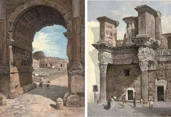 The Colosseum Seen Through The Arch Of Titus; A Bread Shop In The Roman Forum Oil Painting by George Edwin Ewing