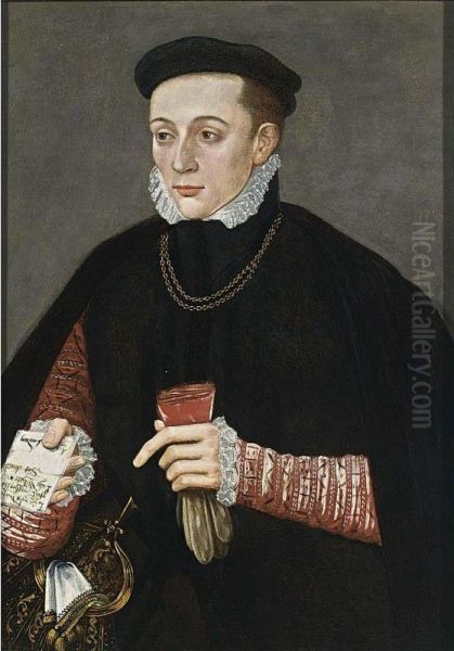 A Portrait Of A Young Nobleman From The White Family, Standing Half-length, Wearing A Red Coat With A White Shirt Under A Black Coat, Holding Gloves Oil Painting by Hans Eworth